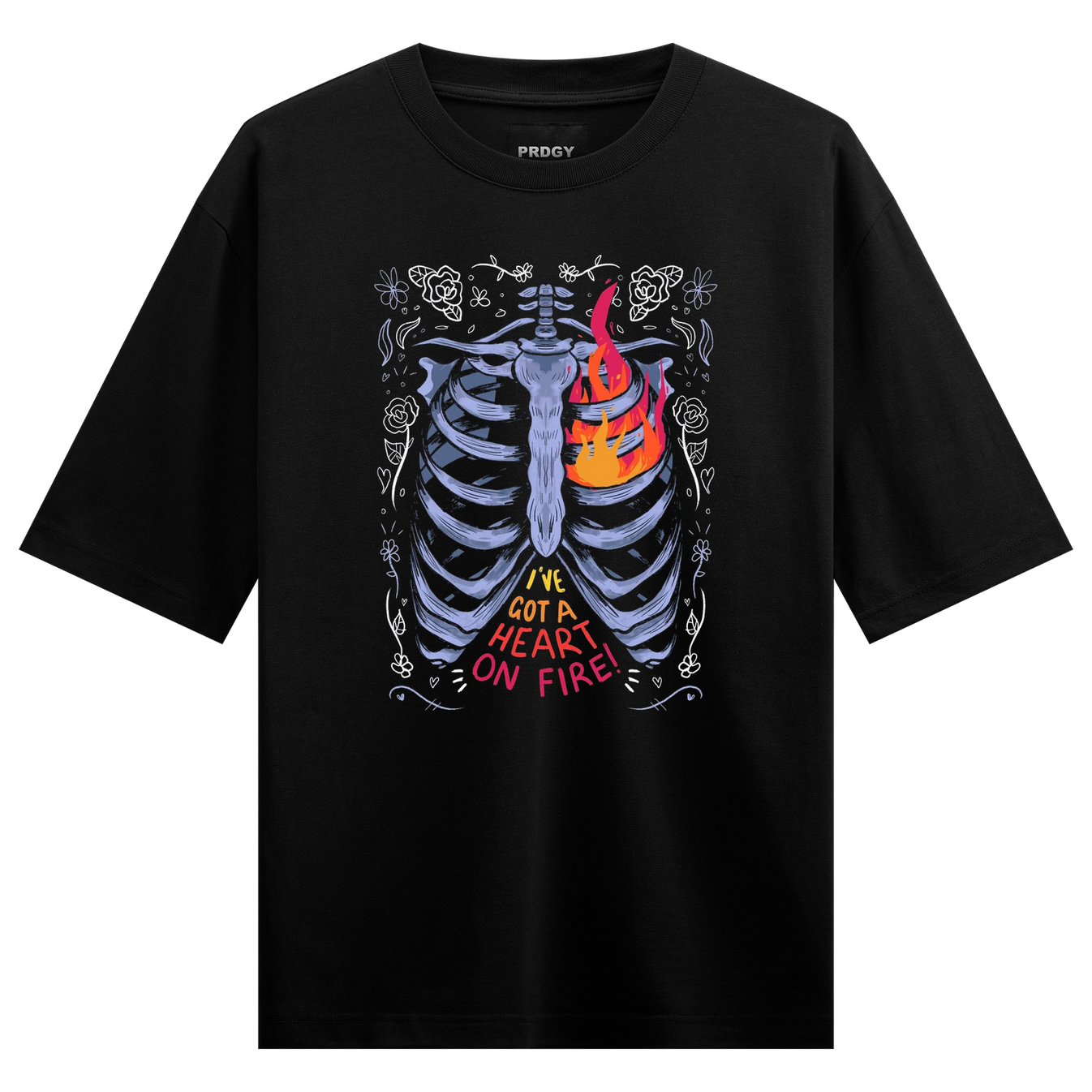 Burning Heart Oversized T-Shirt by PRDGY — skeleton ribcage with a burning heart and floral patterns, urban design