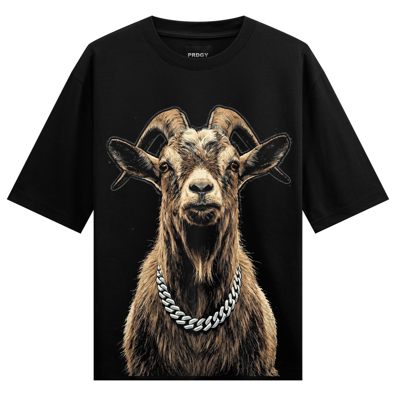 Chain Goat T-Shirt by PRDGY — stylized goat head with chain necklace, urban design