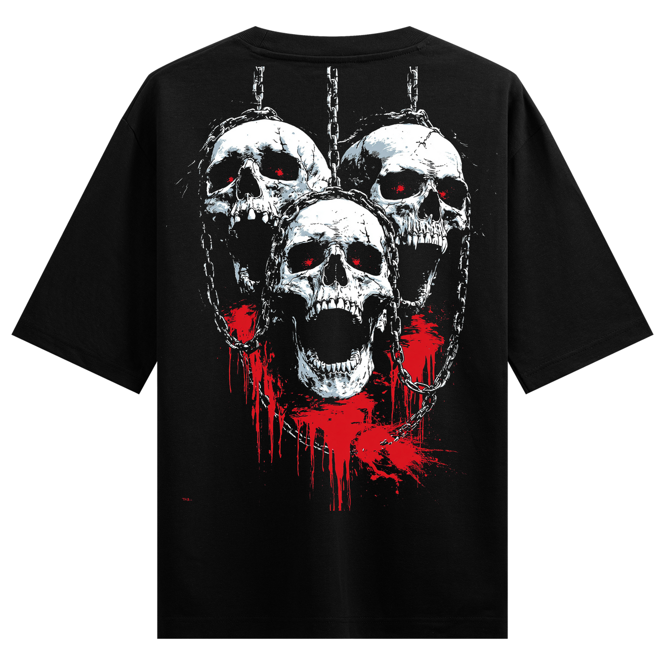 Chains of Doom T-Shirt by PRDGY — three chained skulls with glowing red eyes and blood splatter, dark art design