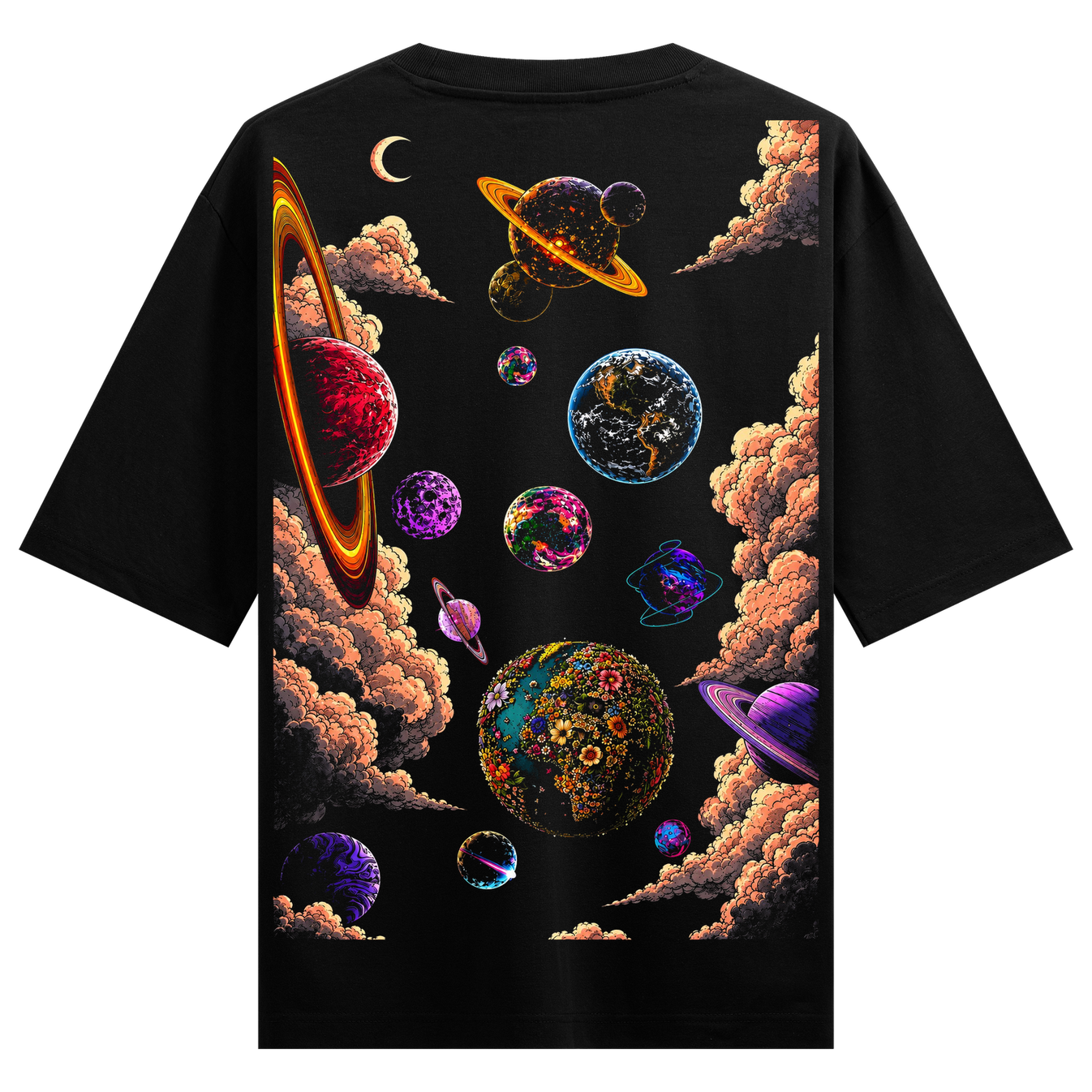 Cosmic Bloom T-Shirt by PRDGY — vibrant psychedelic space scene with planets and nebulae, abstract design