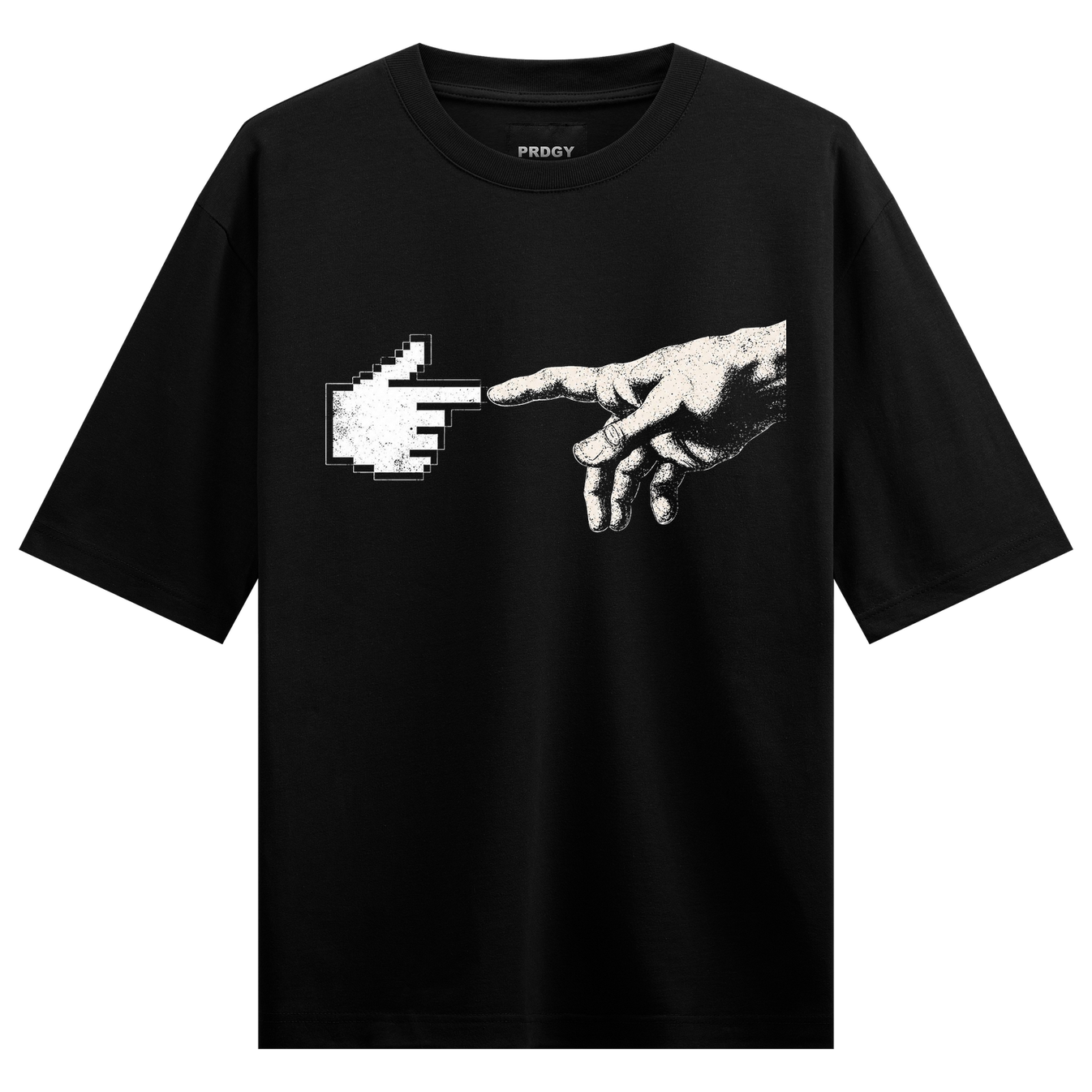 Cursor T-Shirt by PRDGY — pixelated cursor hand reaching for a human finger, digital art design