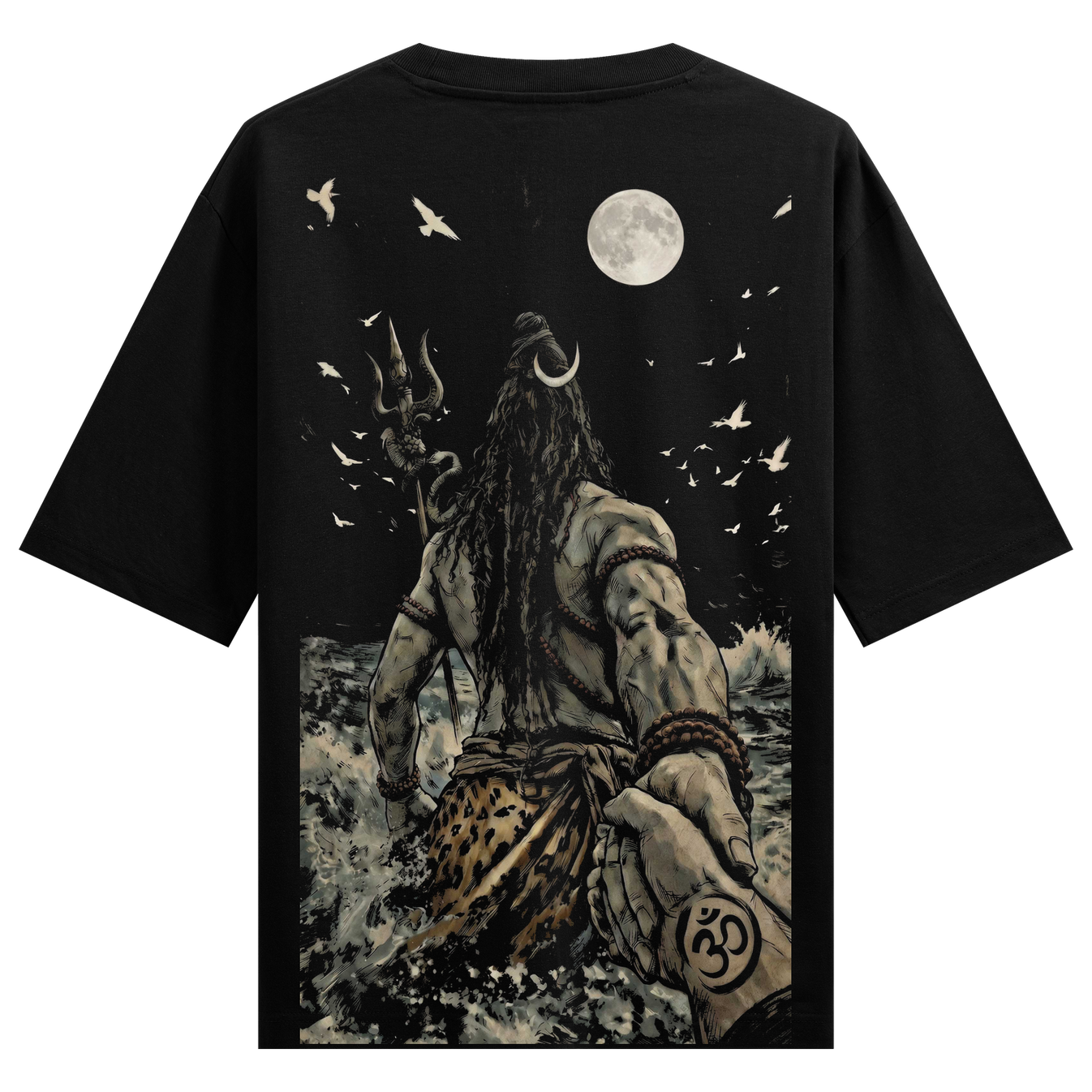 Divine's Grip Oversized T-Shirt by PRDGY — Lord Shiva walking through turbulent waters with an Om symbol, spiritual design