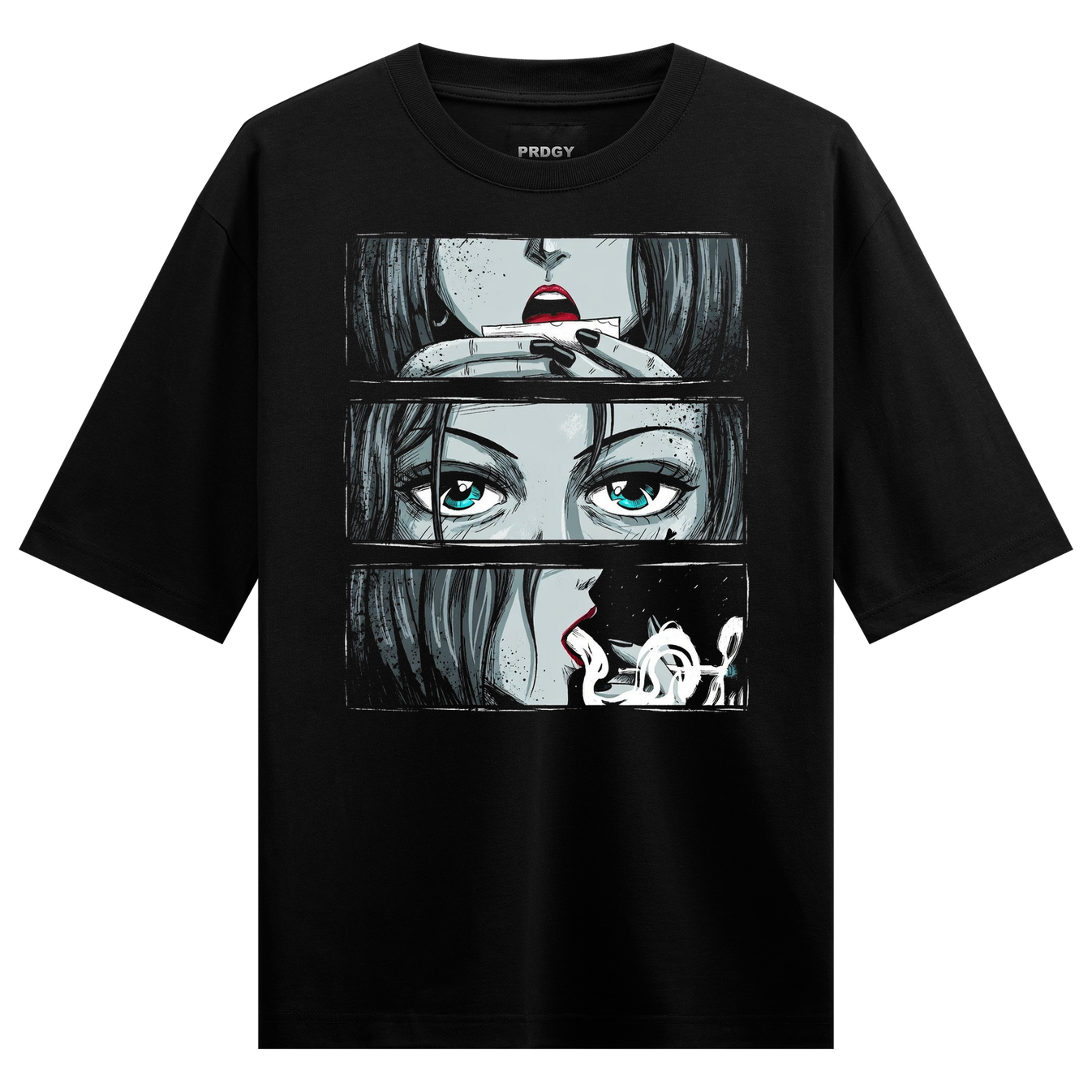 Fragmented Soul Oversized T-Shirt by PRDGY — three-panel manga-style artwork of a woman with turquoise eyes, streetwear