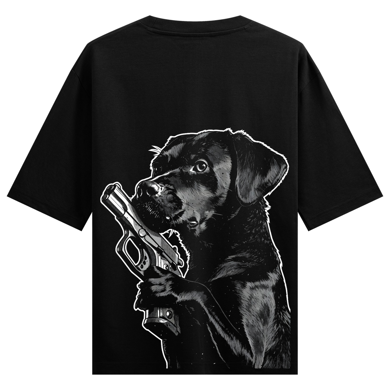 Gangster Rottweiler Oversized T-Shirt by PRDGY — bold black dog holding dual revolvers, streetwear design
