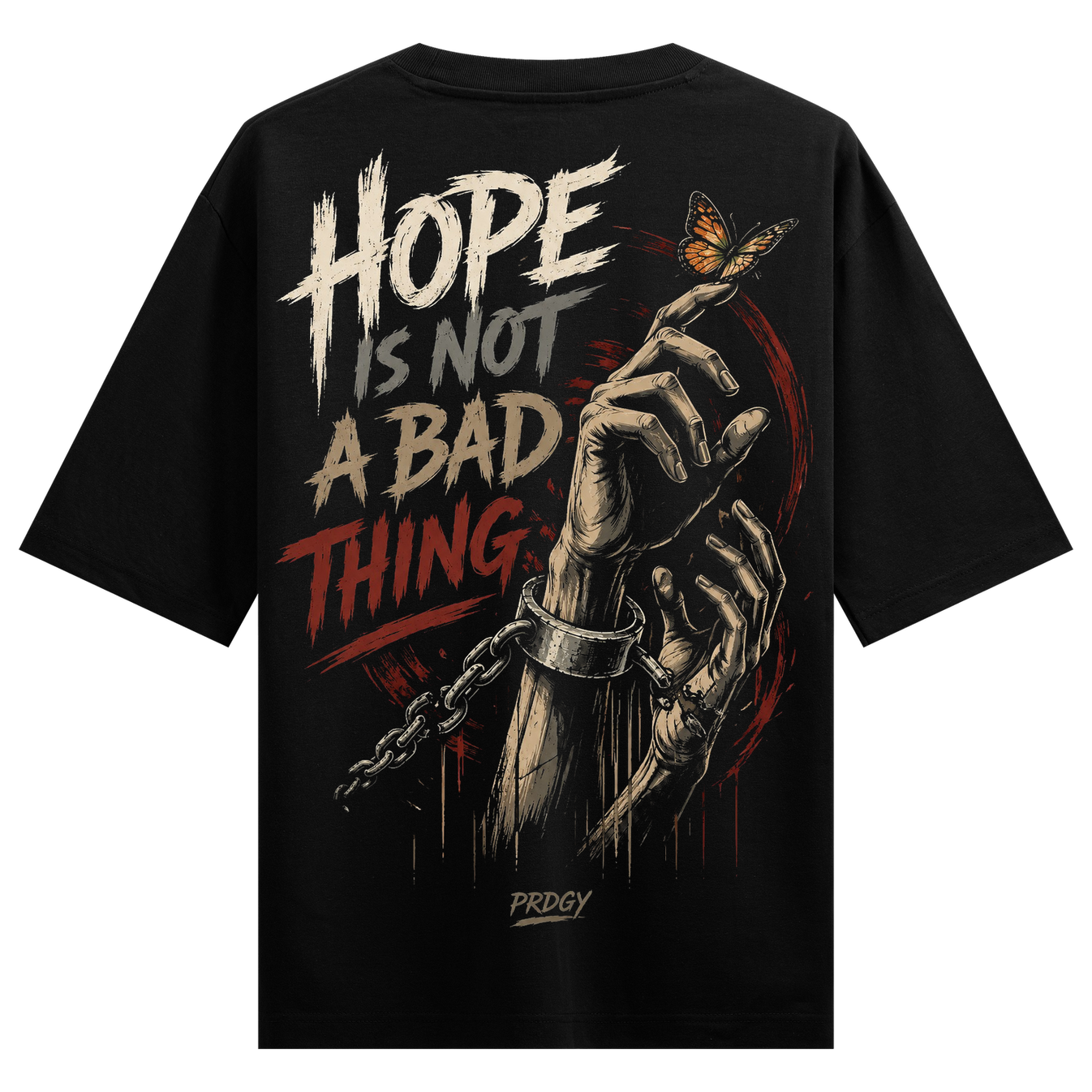 Hope Butterfly T-Shirt by PRDGY — Chained hands symbolizing hope and resilience, inspirational design.