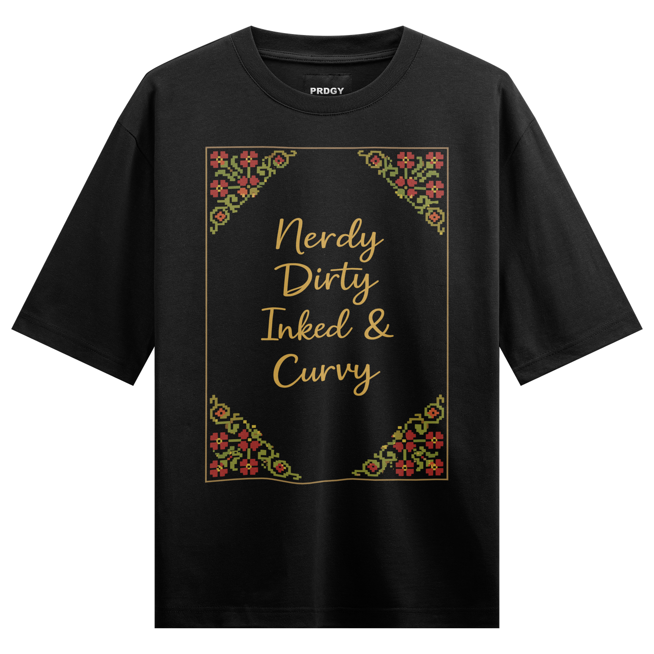 IDK Oversized T-Shirt by PRDGY — Gold text with ornate floral borders, playful typography design, urban fashion design.