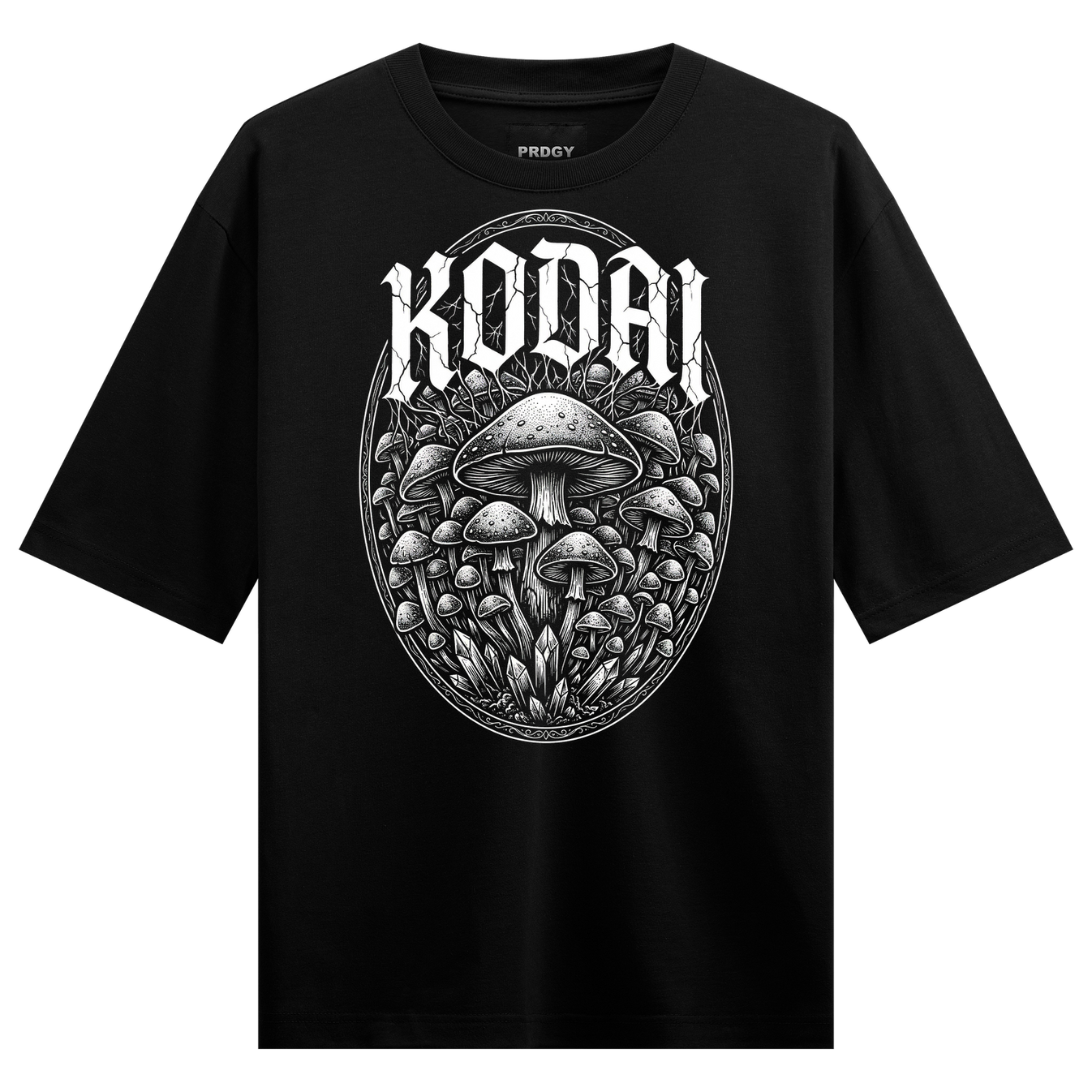 Kodai Mushroom Oversized T-Shirt by PRDGY — mystical mushroom cluster graphic, dark aesthetic design
