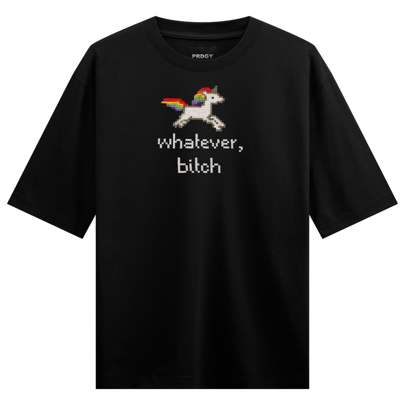 Magical Attitude Oversized T-Shirt by PRDGY — pixel art unicorn with rainbow wings and bold attitude text, retro design
