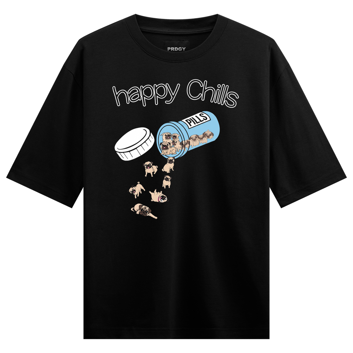Mood Pills Oversized T-Shirt by PRDGY — playful pill bottle spilling cute pugs, desi design