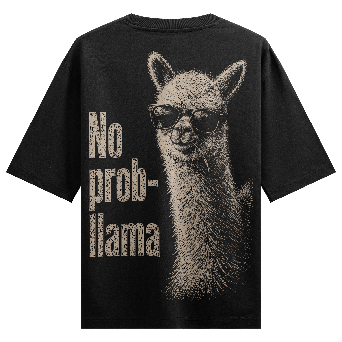 No Prob-llama Oversized T-Shirt by PRDGY — Cool llama wearing sunglasses with 'No prob-llama' text, animal design.