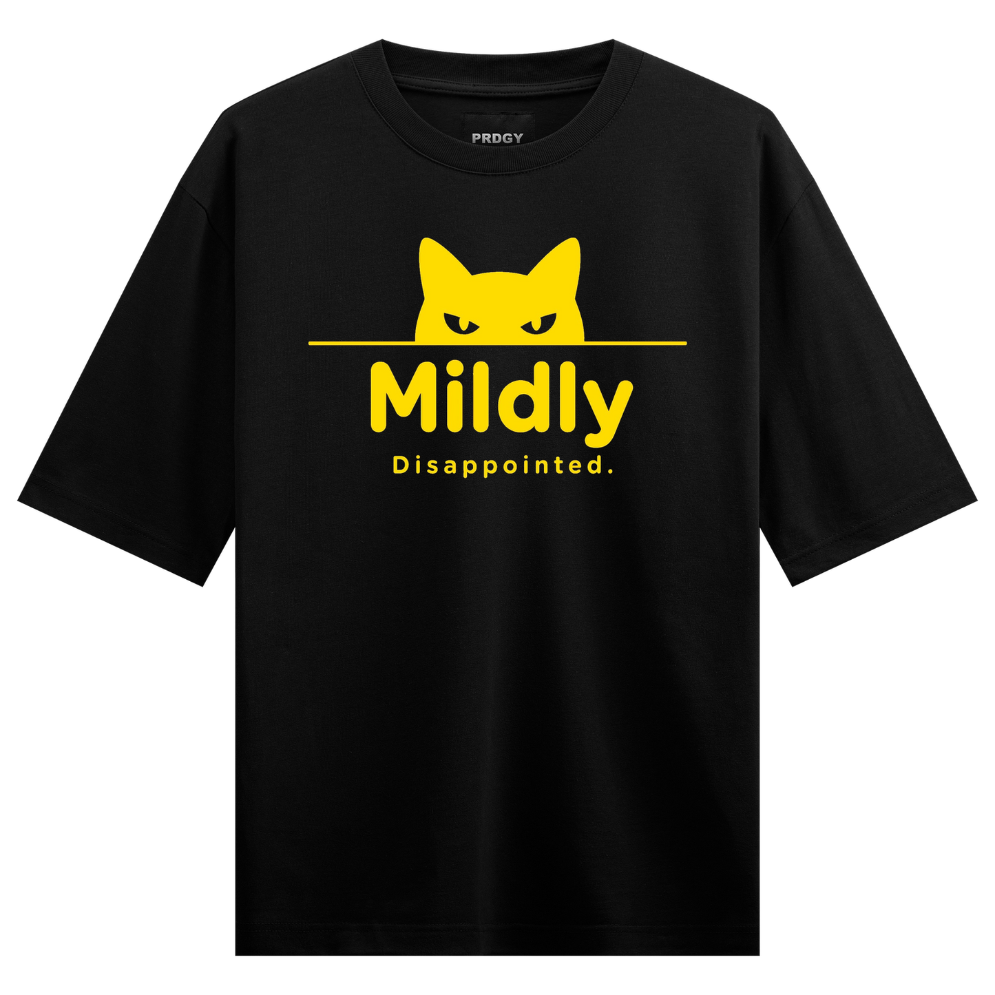 Overstimulated T-Shirt by PRDGY — yellow cat silhouette with skeptical expression, cat humor design