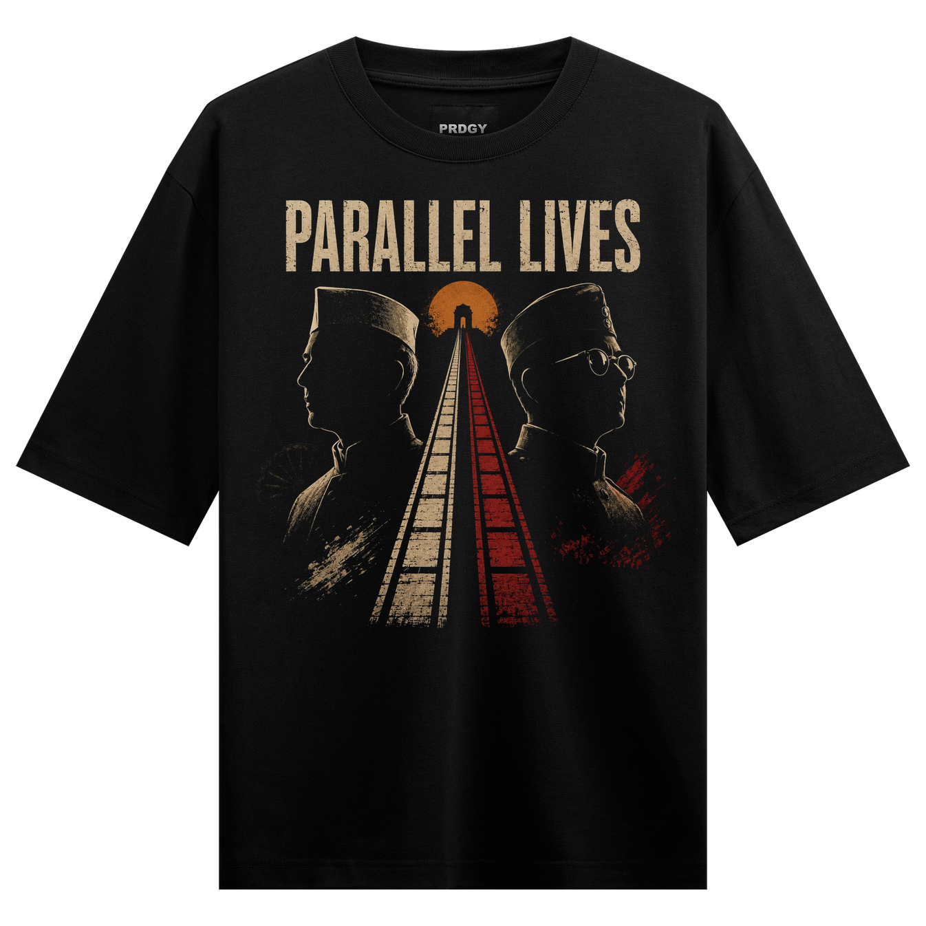Parallel Paths T-Shirt by PRDGY — silhouettes of two figures on train tracks, minimalist design.