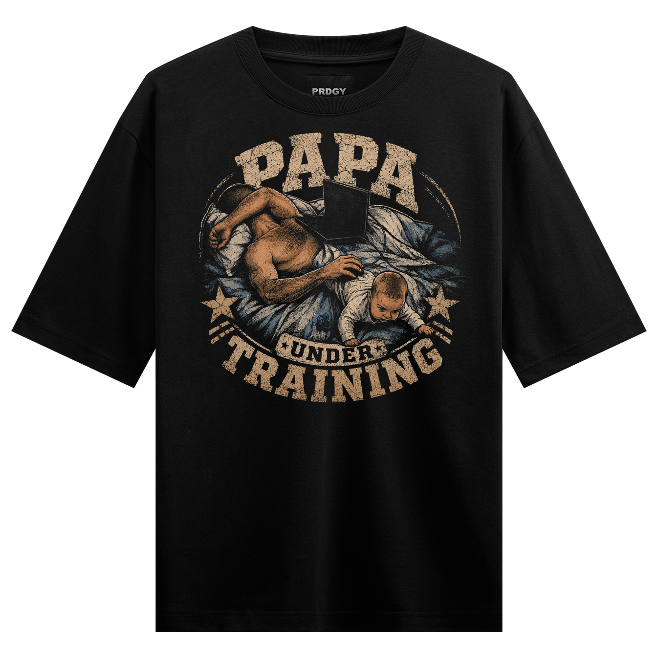 Pareshaan Baap T-Shirt by PRDGY — father and baby graphic with 'PAPA UNDER TRAINING', desi design