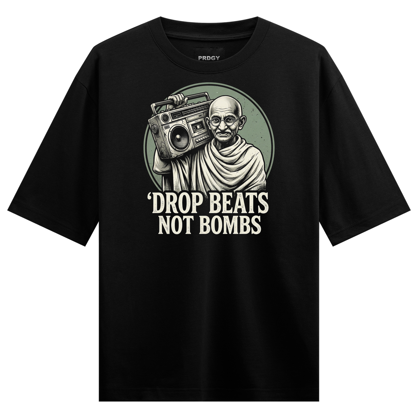 Peace Beats Oversized T-Shirt by PRDGY — vintage boombox graphic with bold typography, streetwear design