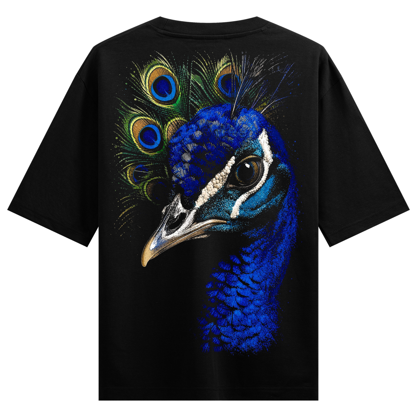 Peacock Majesty T-Shirt by PRDGY — vibrant peacock illustration with intricate feathers, nature design.