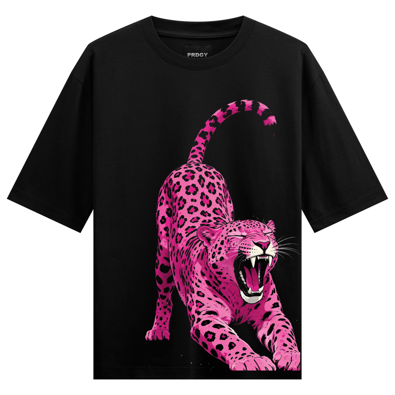 Pink Predator T-Shirt by PRDGY — neon pink leopard in aggressive pose, streetwear design