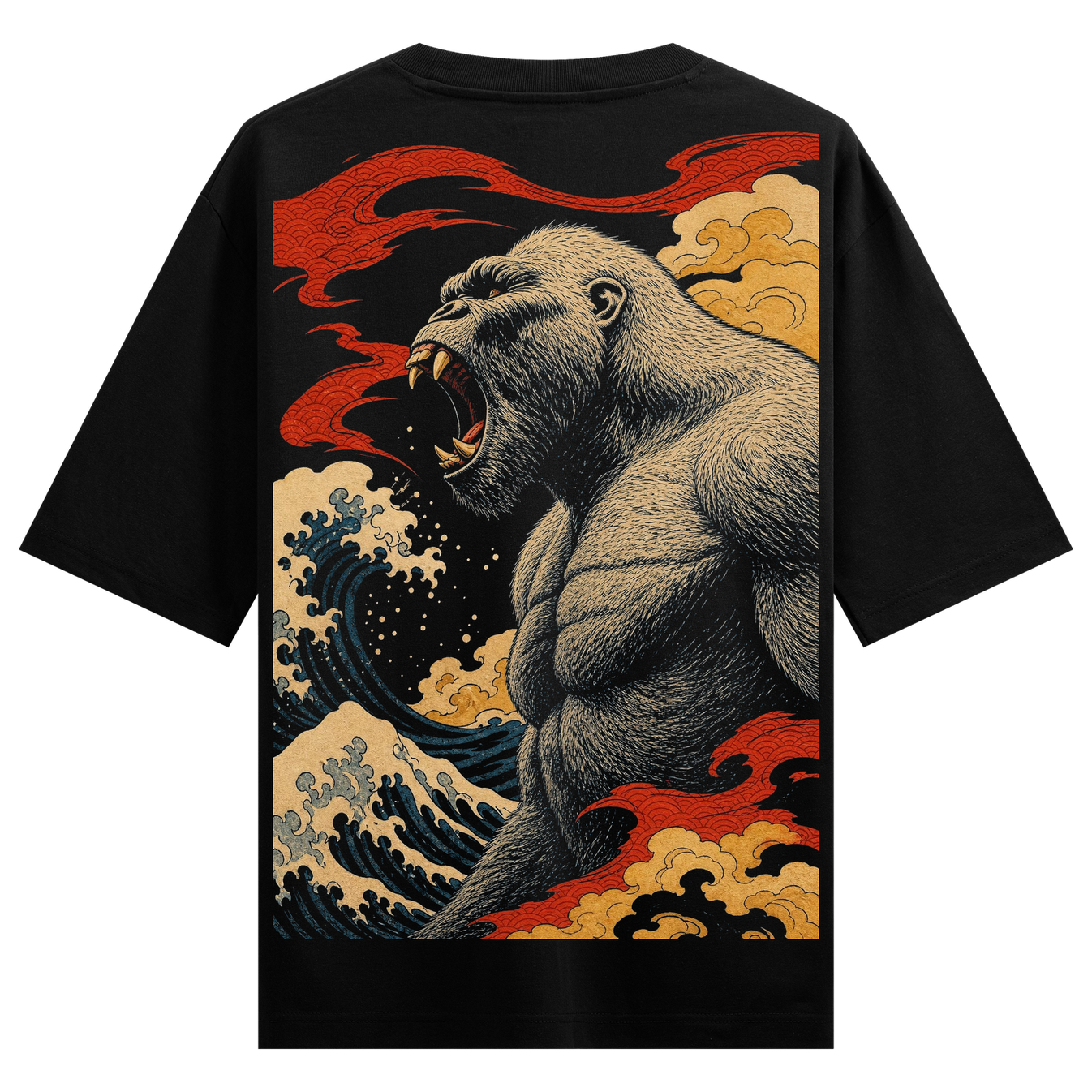 Primal Roar T-Shirt by PRDGY — a powerful gorilla roaring amidst crashing waves, animal art design