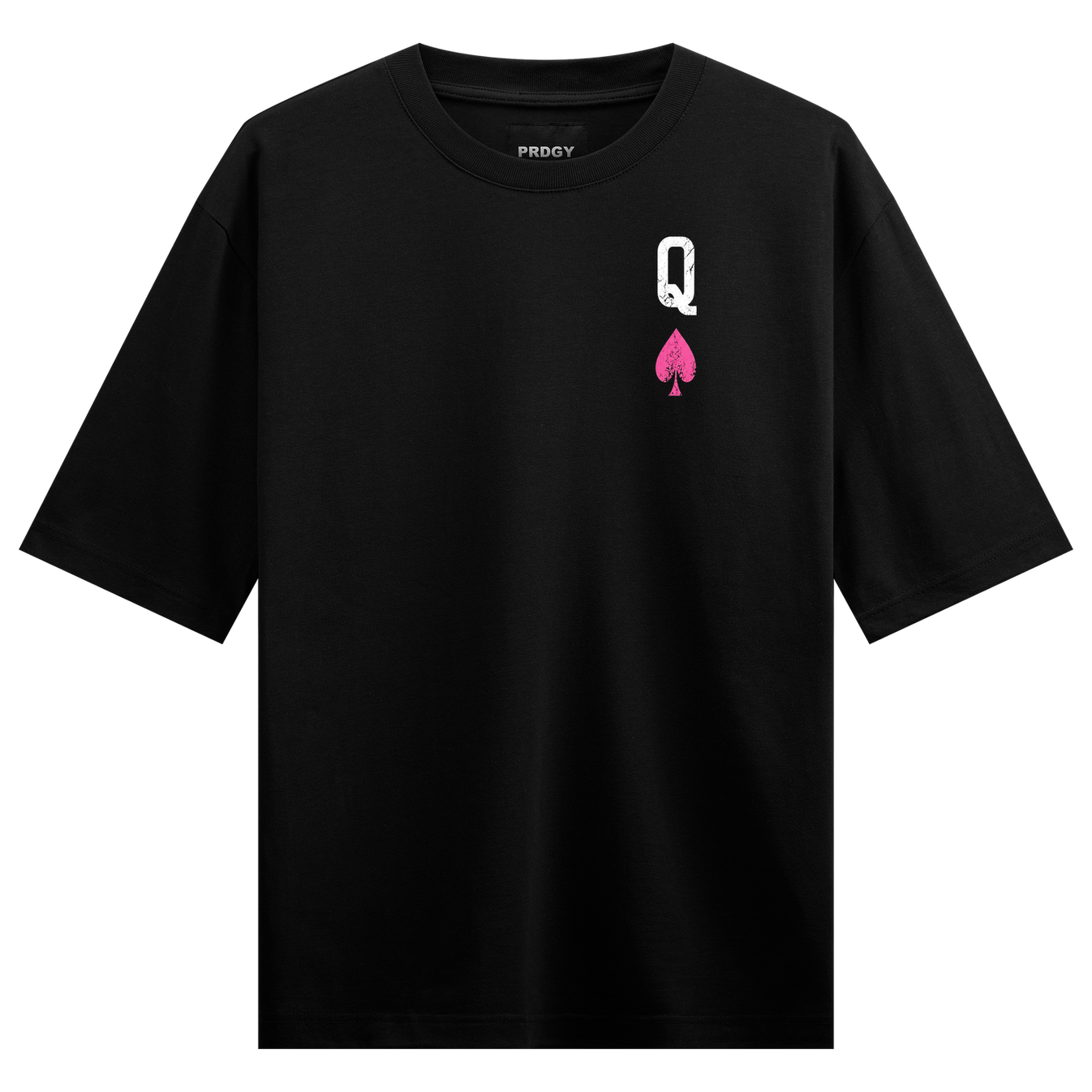 Queen of Spades T-Shirt by PRDGY — Black T-Shirt with a pink spade print, urban fashion design.