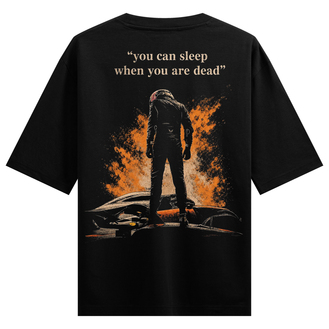 Race to Death T-Shirt by PRDGY — a racer before a burning car with a powerful quote, motivational design