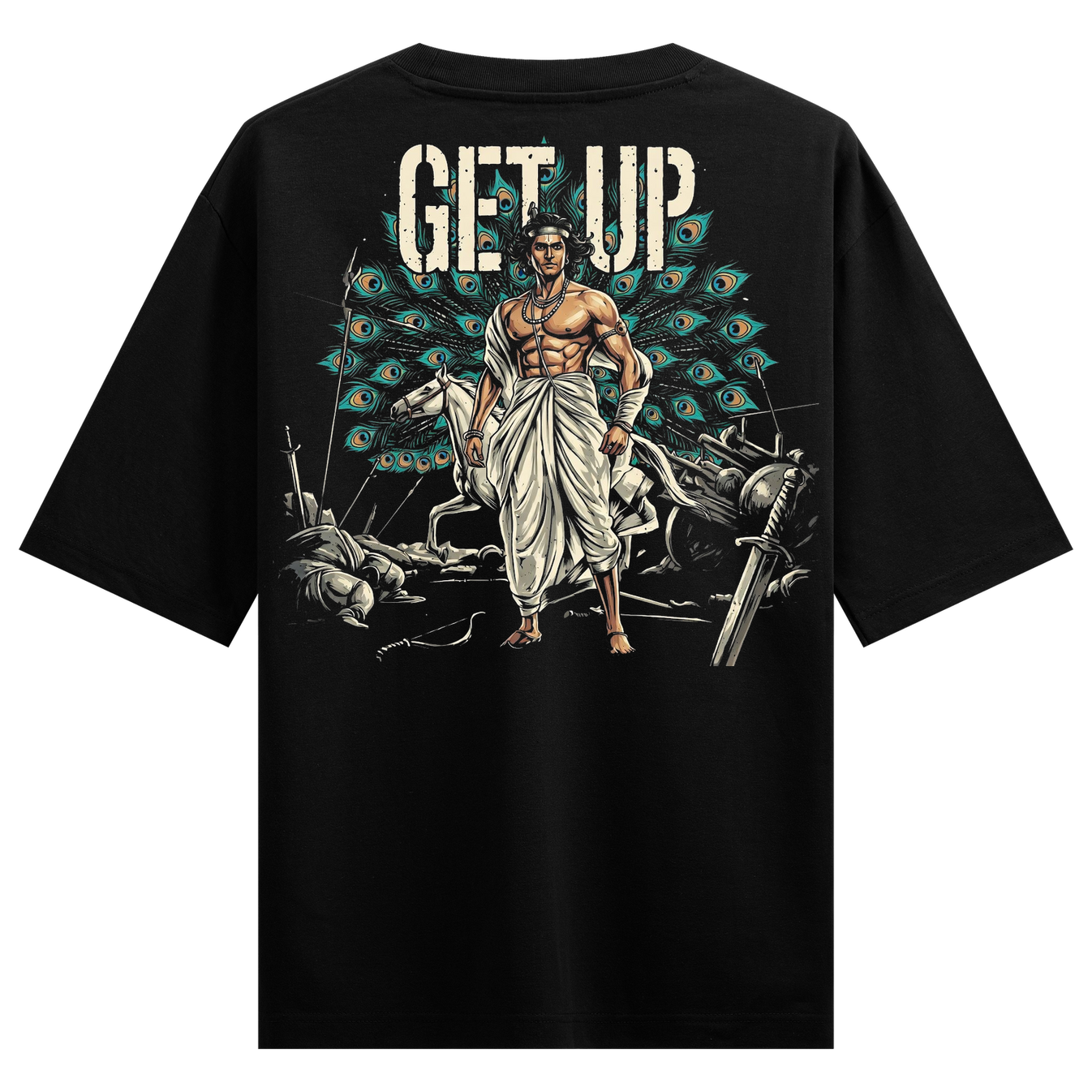 Ranbhoomi Oversized T-Shirt by PRDGY — Black knockout art featuring a warrior with swords and a peacock throne, spiritual