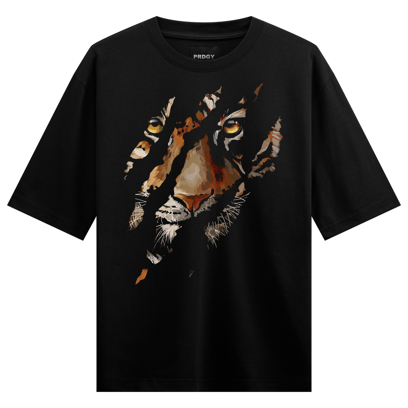 Rare Breed T-Shirt by PRDGY — aggressive tiger face breaking through black fabric with claw marks, wildlife art design