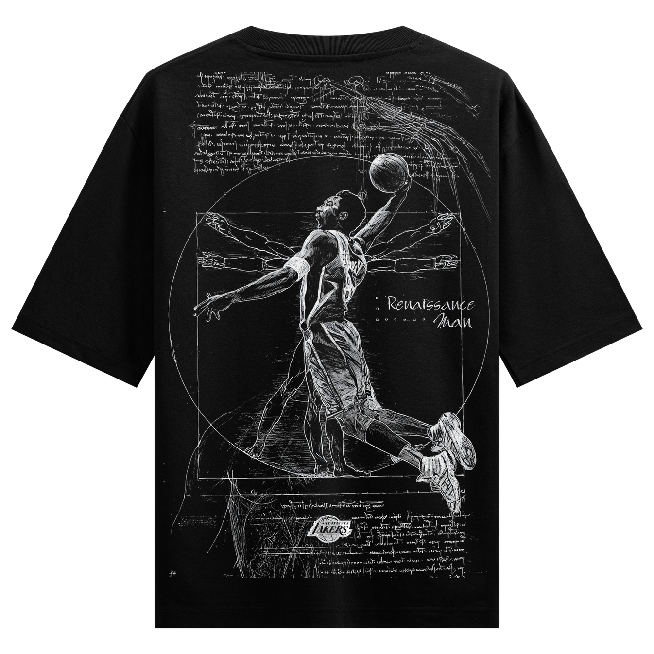 Renaissance Math T-Shirt by PRDGY — Leonardo da Vinci-inspired Vitruvian athlete with basketball and equations, sports