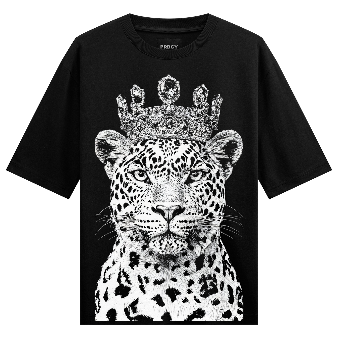 Royal Leopard T-Shirt by PRDGY — detailed black and white crowned leopard illustration, animal art design