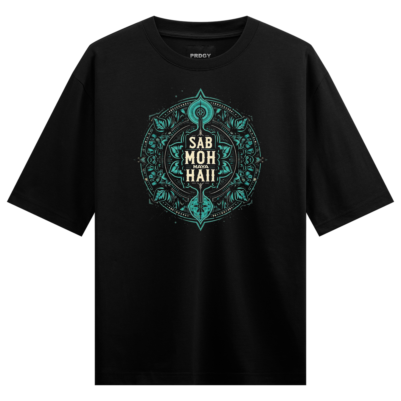 Sab Moh Maya Hai Oversized T-Shirt by PRDGY — Intricate turquoise mandala with Sanskrit text and floral patterns, spiritual