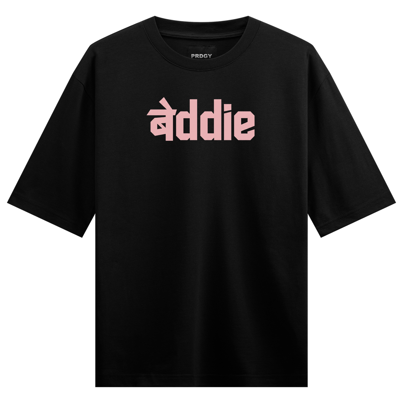 She Oversized T-Shirt by PRDGY — Black canvas with bold pink front print, desi design.