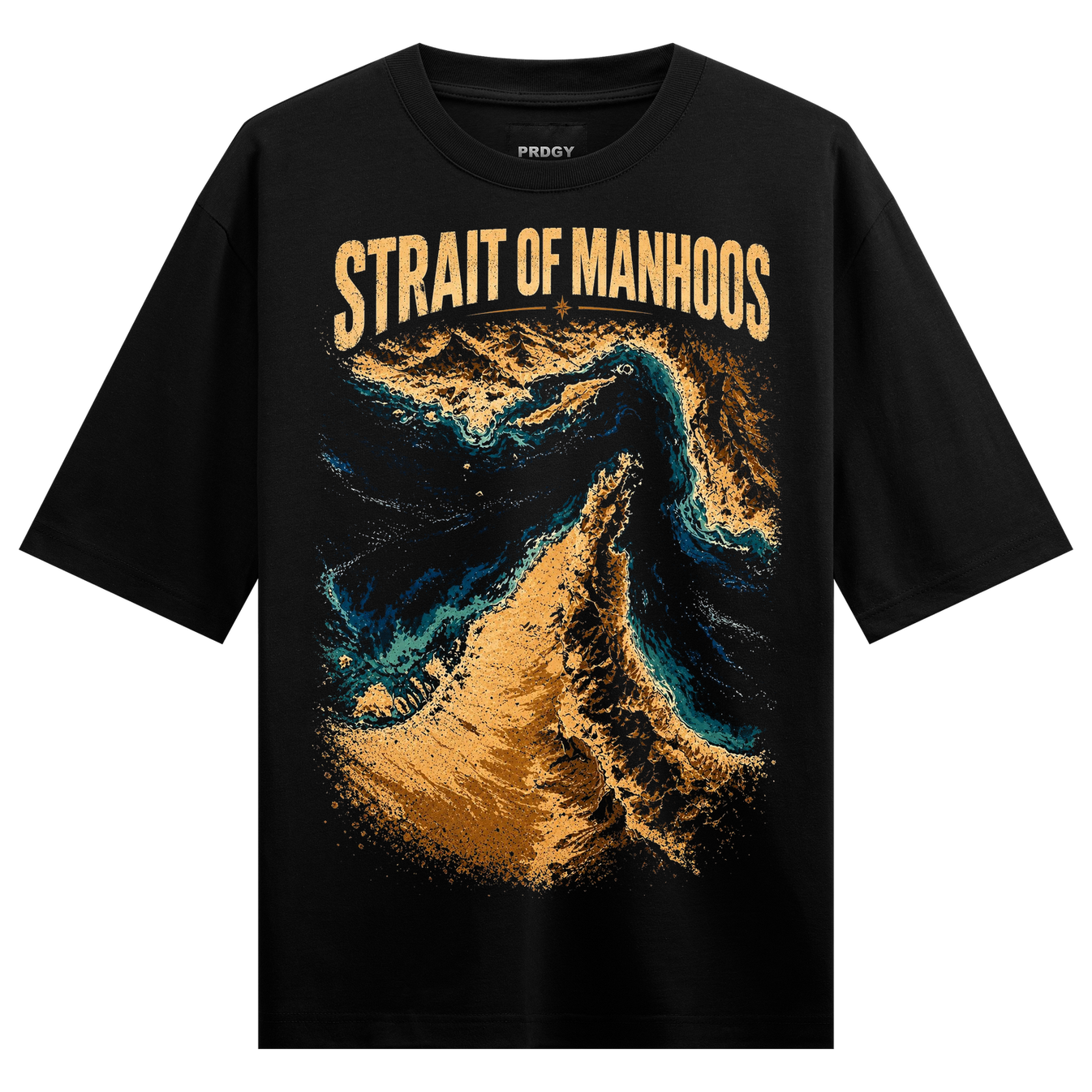 Strait of Manhoos T-Shirt by PRDGY — vibrant abstract design with swirling colors, abstract art design