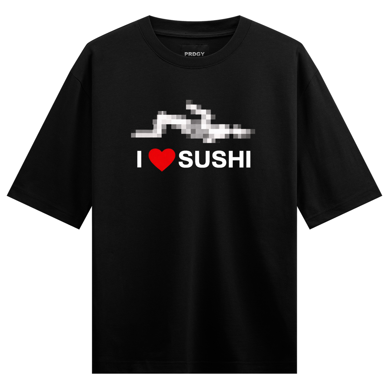 Sushi Love Oversized T-Shirt by PRDGY — pixelated sushi silhouette with a bold red heart, retro design.