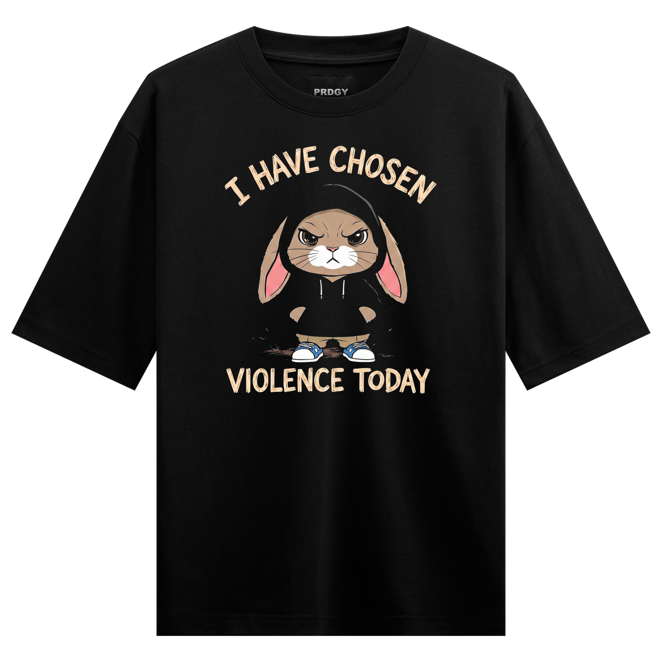 Sweet Threat Oversized T-Shirt by PRDGY — Angry cartoon bunny character in hoodie with bold text, streetwear design.