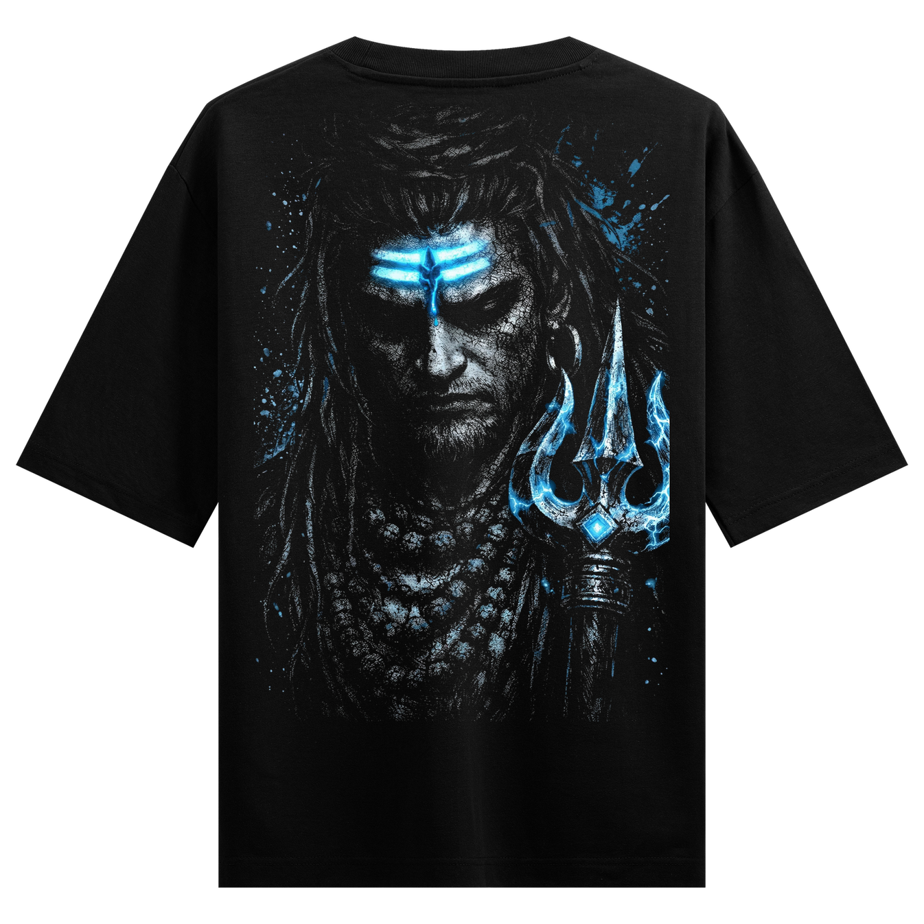 Teal Gaze Oversized T-Shirt by PRDGY — Mystical Shiva portrait with glowing third eye, spiritual design