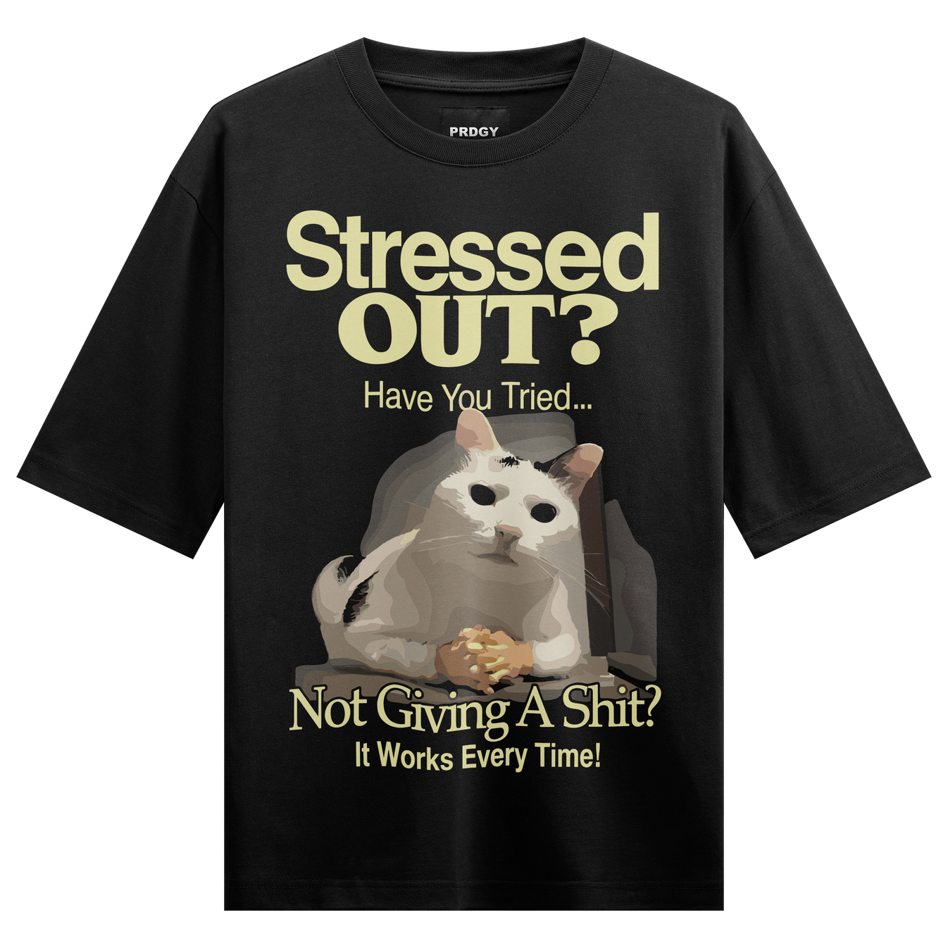 Tension Nahi Lene Ka Oversized T-Shirt by PRDGY — White cat holding food with humorous stress-relief message, meme aesthetic