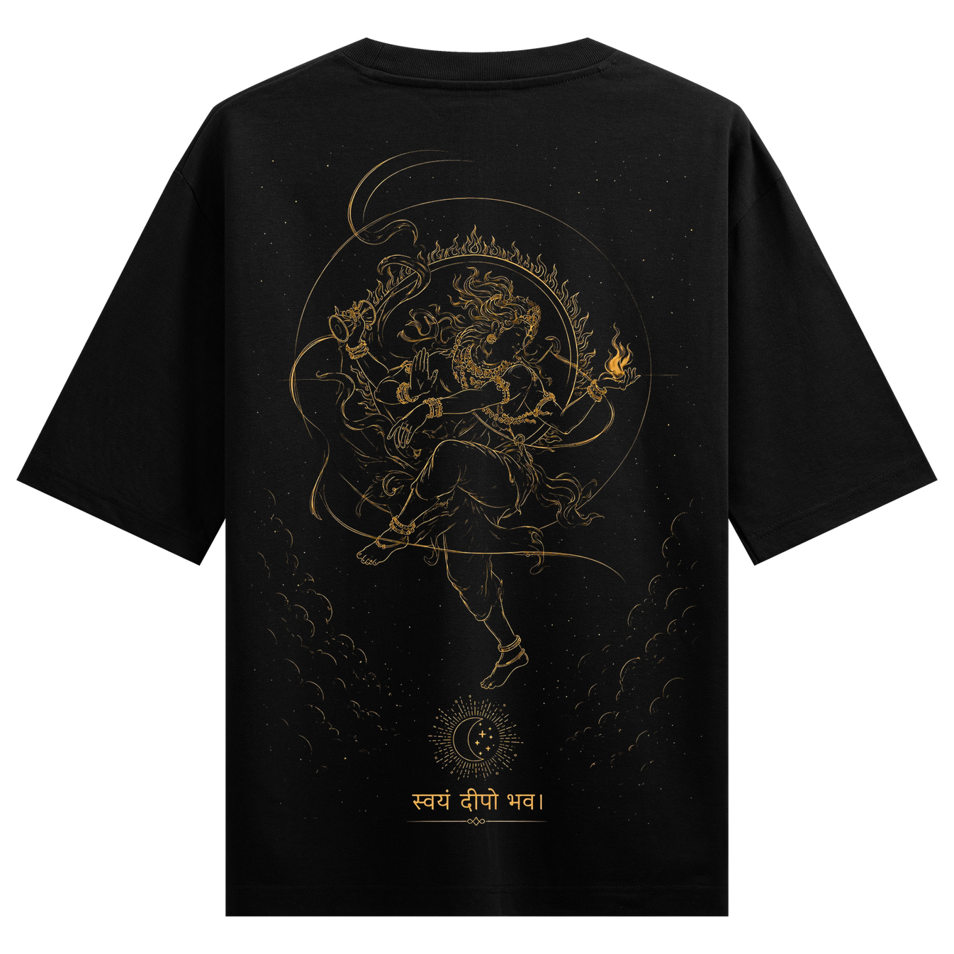 The Fifth Beat T-Shirt by PRDGY — golden line art of cosmic dance, spiritual design
