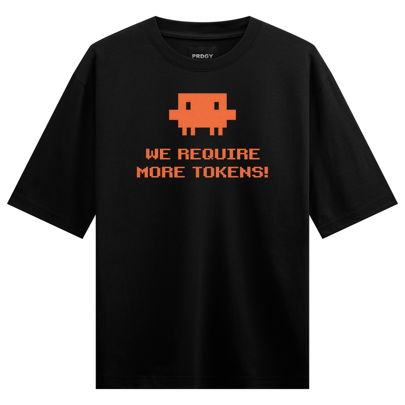 Token Invaders Oversized T-Shirt by PRDGY — retro pixel art alien graphic in bold orange, streetwear design