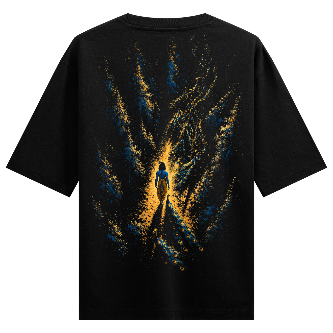 Vrindavan Oversized T-Shirt by PRDGY — Black knockout art with blue silhouette and golden path, spiritual design.
