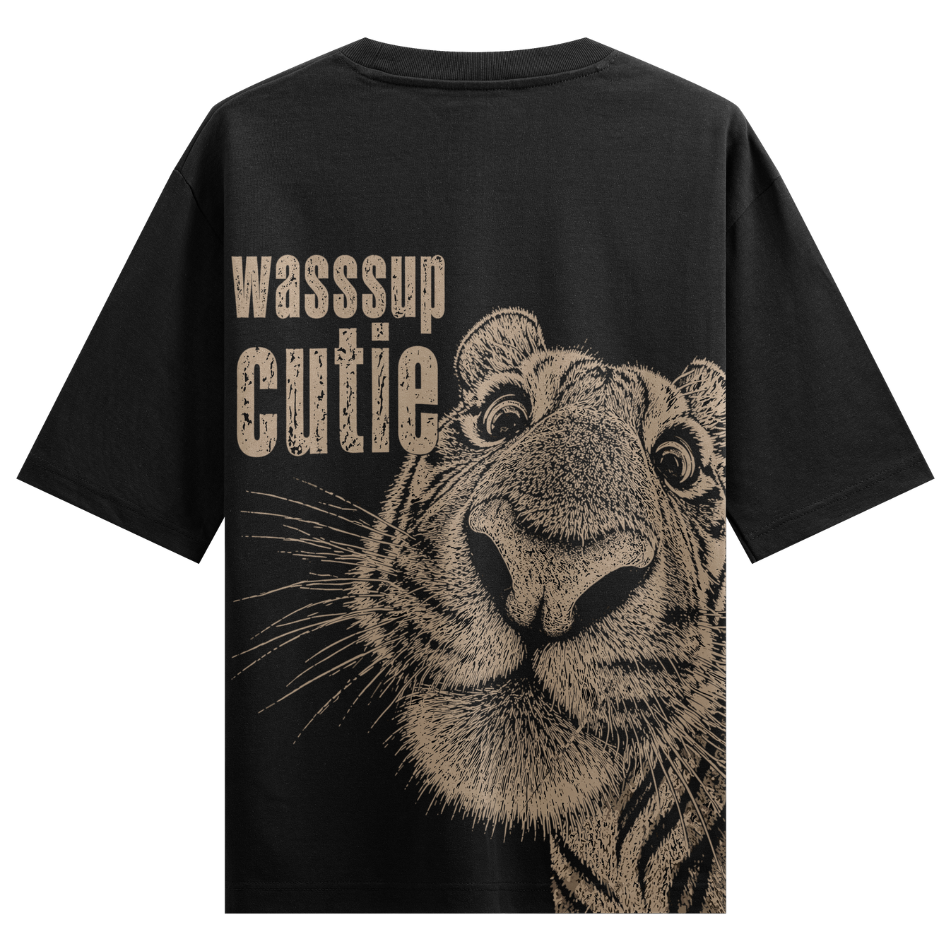Wassup Oversized T-Shirt by PRDGY — detailed tiger face illustration with 'Wassup Cutie' text, animal design