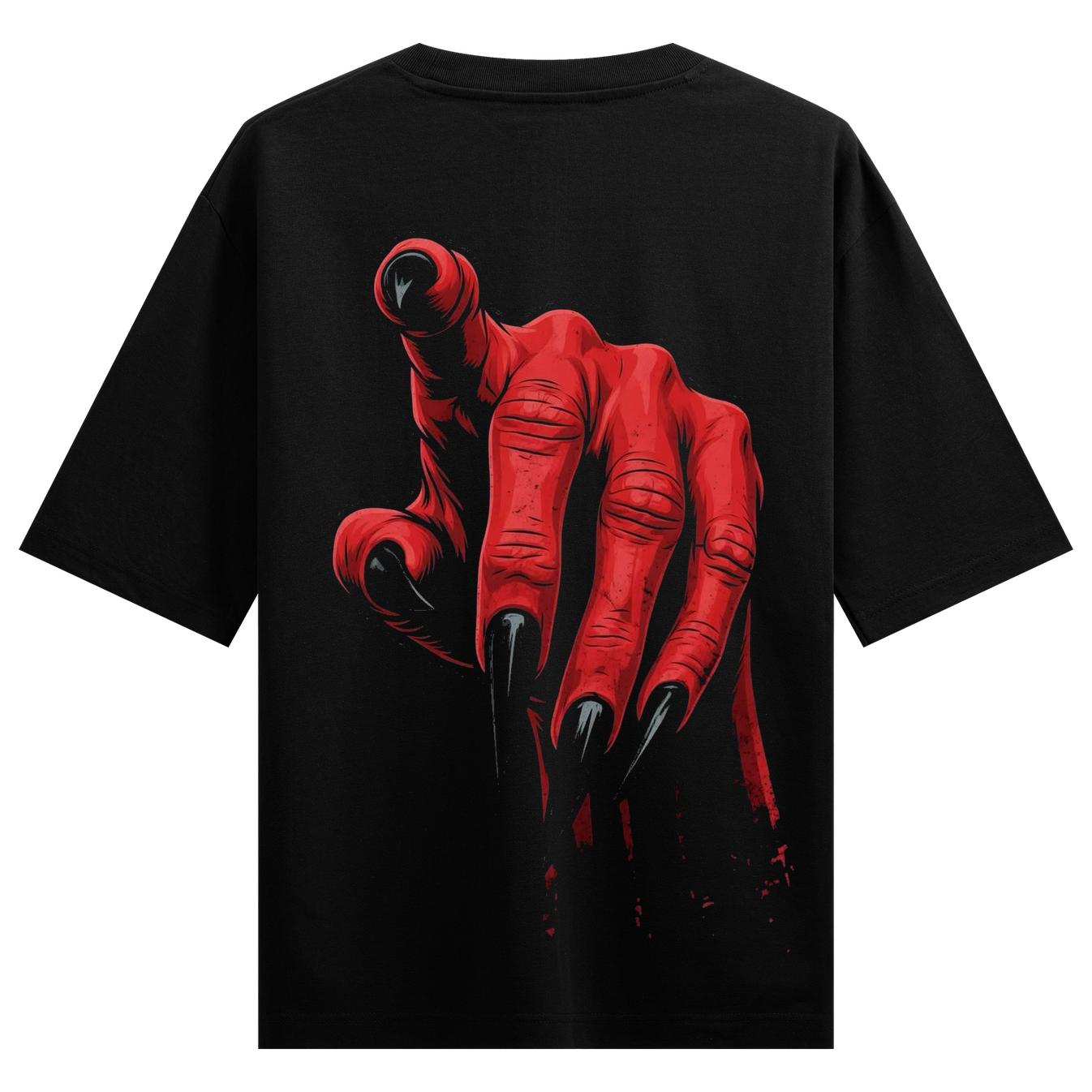 Yes You Oversized T-Shirt by PRDGY — a red clawed hand reaching out on a black background, dark design