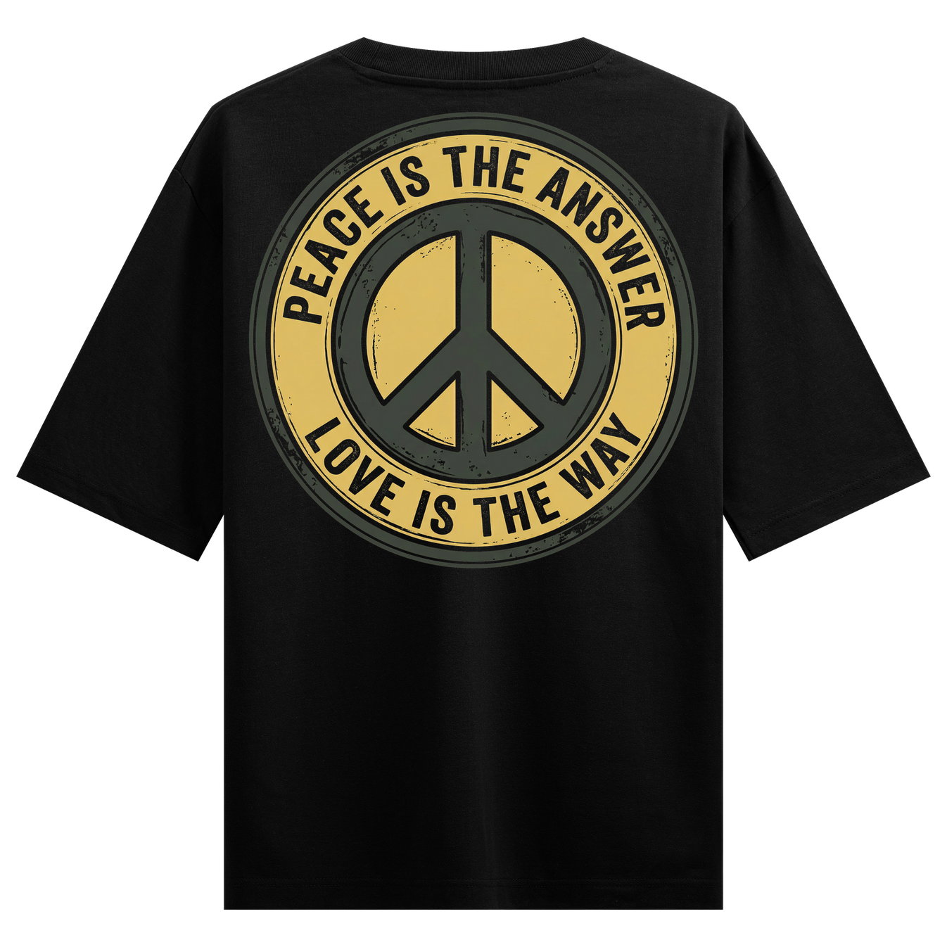 Peaceful Resolve Oversized T-Shirt by PRDGY — olive and gold peace symbol graphic, streetwear design