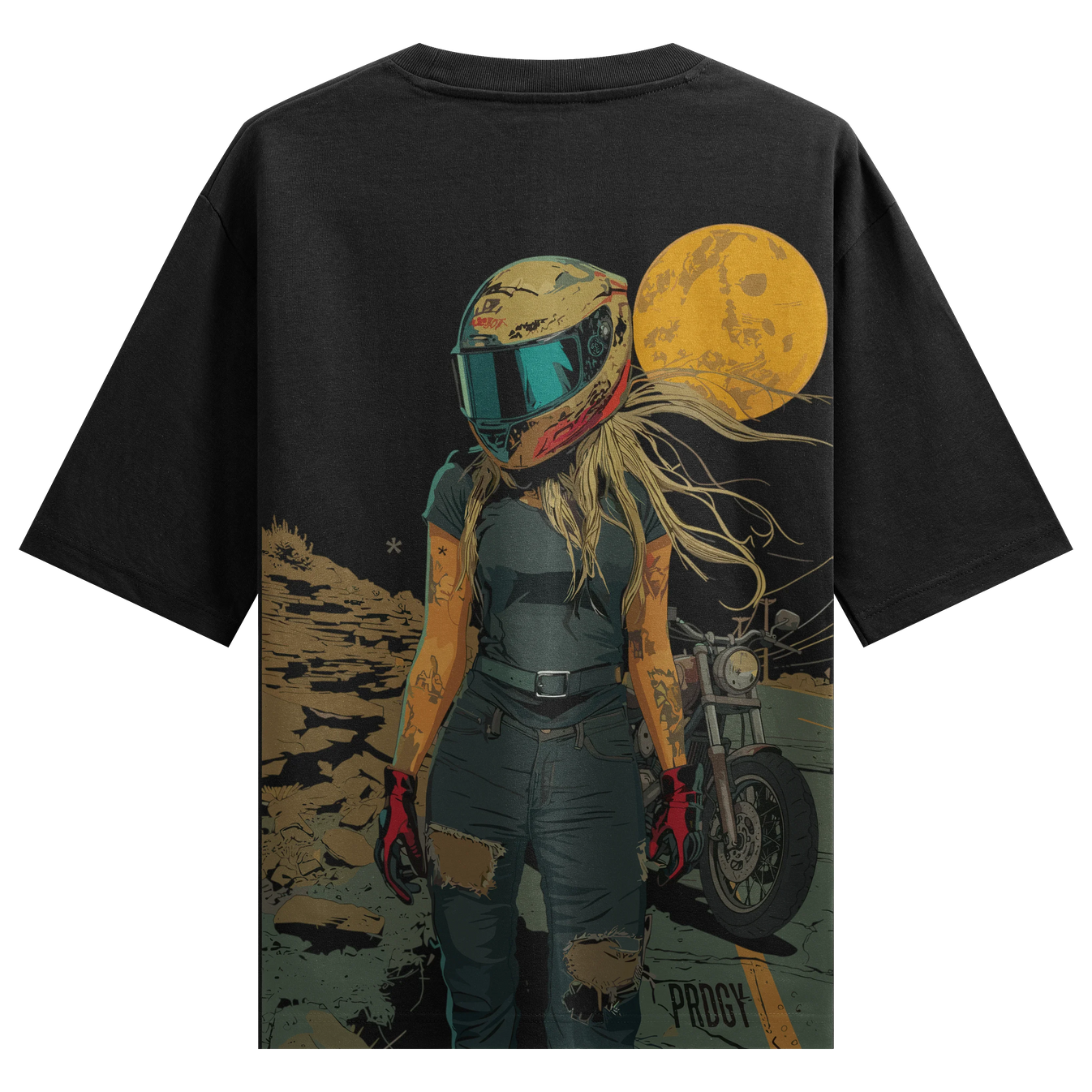 Biker Girl artwork on PRDGY oversized t-shirt