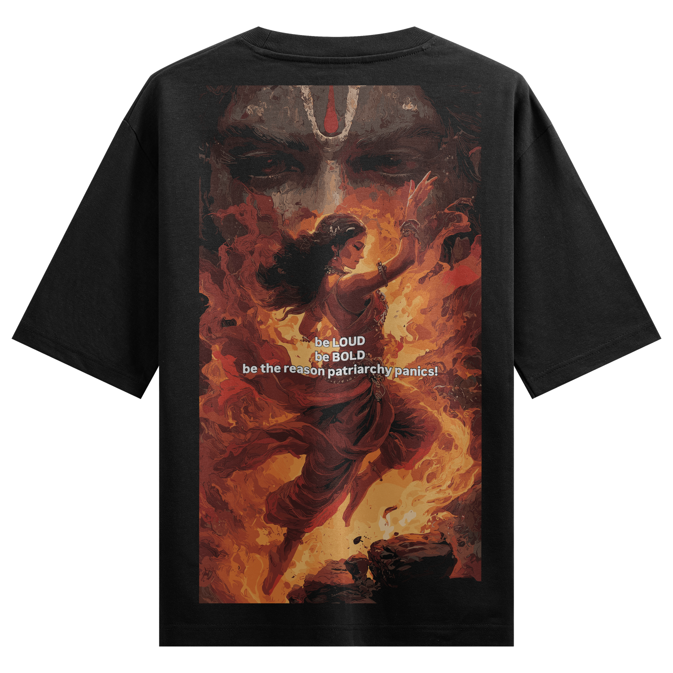 The Patriarchy Destroyer Oversized T-Shirt by PRDGY — powerful back-print of a divine feminine figure amidst flames,