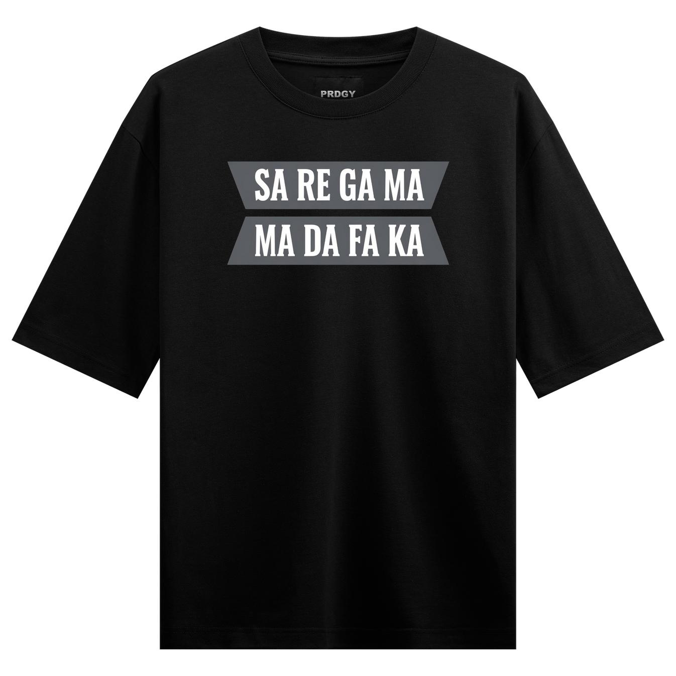 Sa Re Ga Ma T-Shirt by PRDGY — Black oversized t shirt featuring musical notes and vibrant colors, streetwear design.