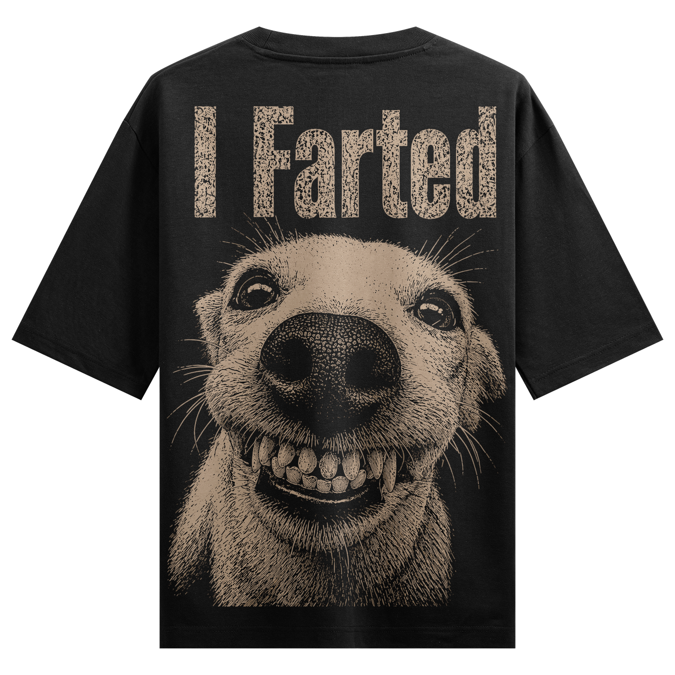 Fart Back Oversized T-Shirt by PRDGY — smiling dog with exaggerated teeth and intense eyes, humorous design