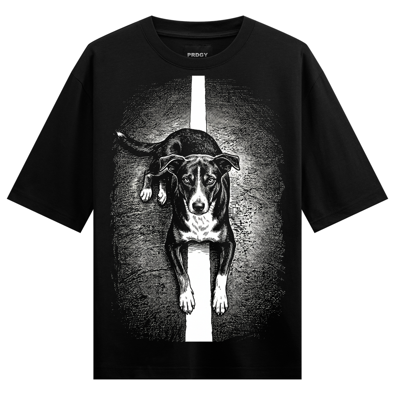 Roadside Puppy Oversized T-Shirt by PRDGY — detailed graphic of a dog on a road, animal design