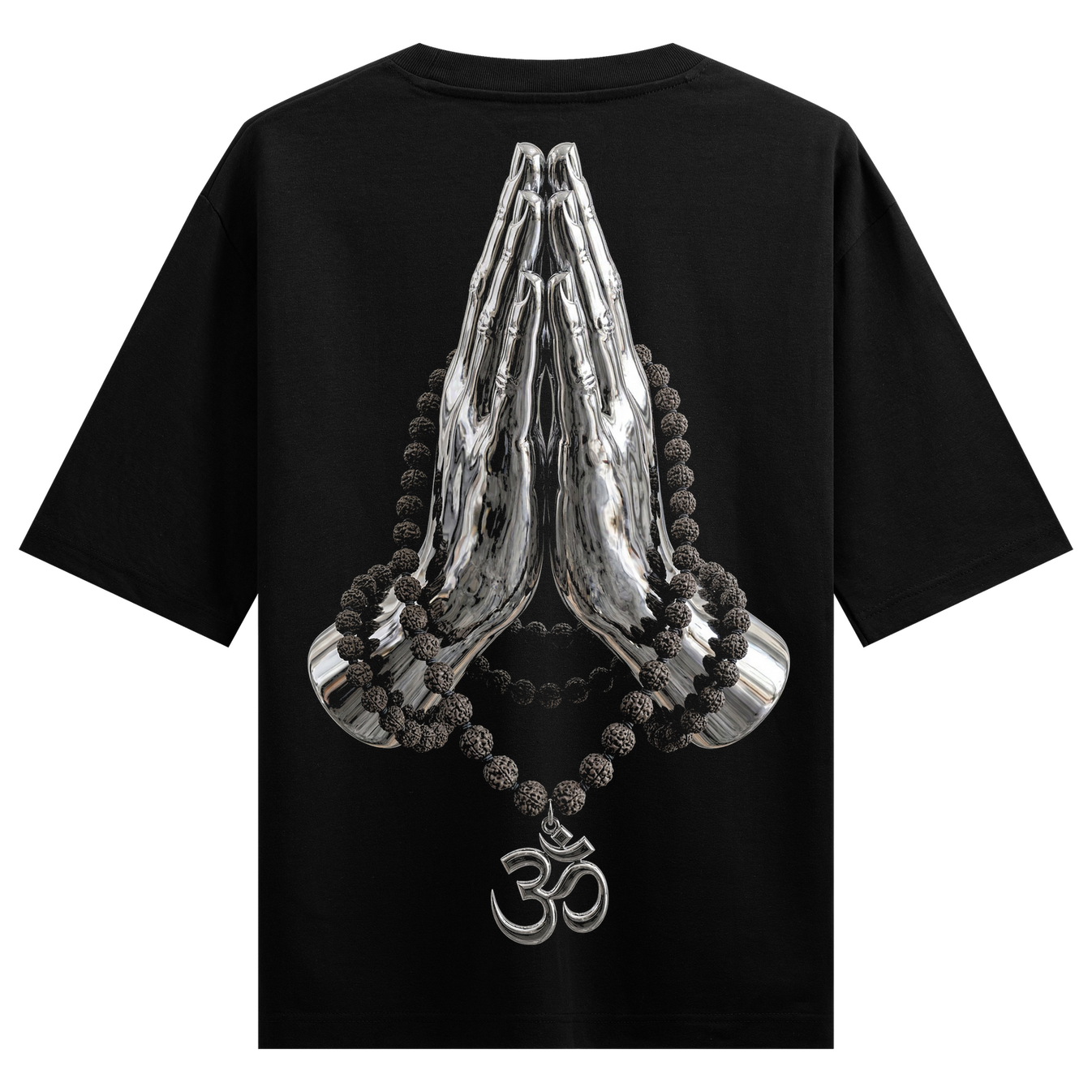 Sacred Hands Oversized T-Shirt by PRDGY — praying hands with mala beads and Om symbol, spiritual design