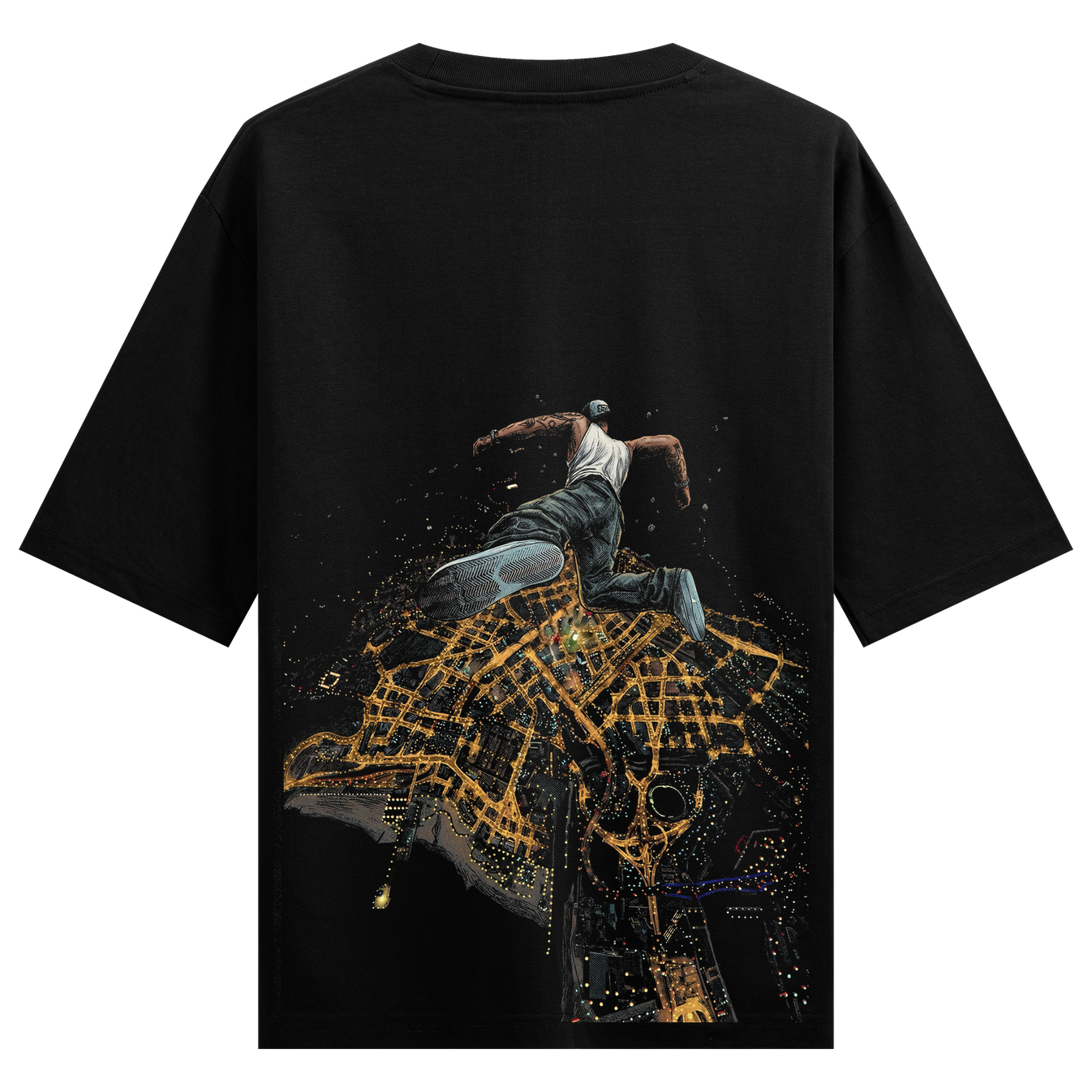 Urban Leap Oversized T-Shirt by PRDGY — man leaping off a cityscape at night, streetwear design