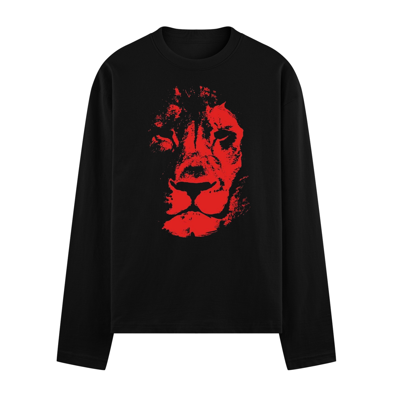 A bold red lion face with textured brush strokes is printed on a black t-shirt with the brand name PRDGY visible on the co...
