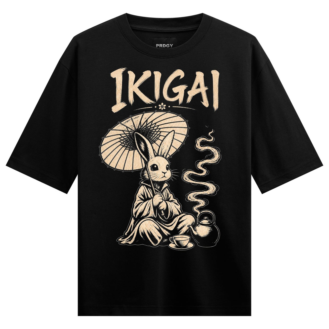 Ikigai Oversized T-Shirt by PRDGY — cream rabbit in traditional robes with tea set, japanese design