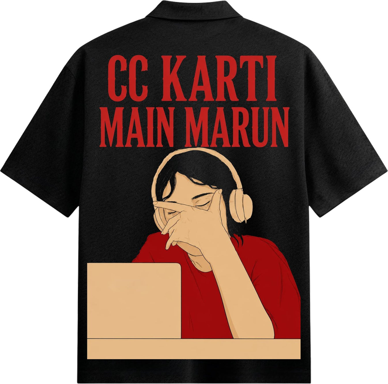 Red text reads CC KARTI MAIN MARUN above an illustration of a person with headphones hand over face looking at a tan lapto...
